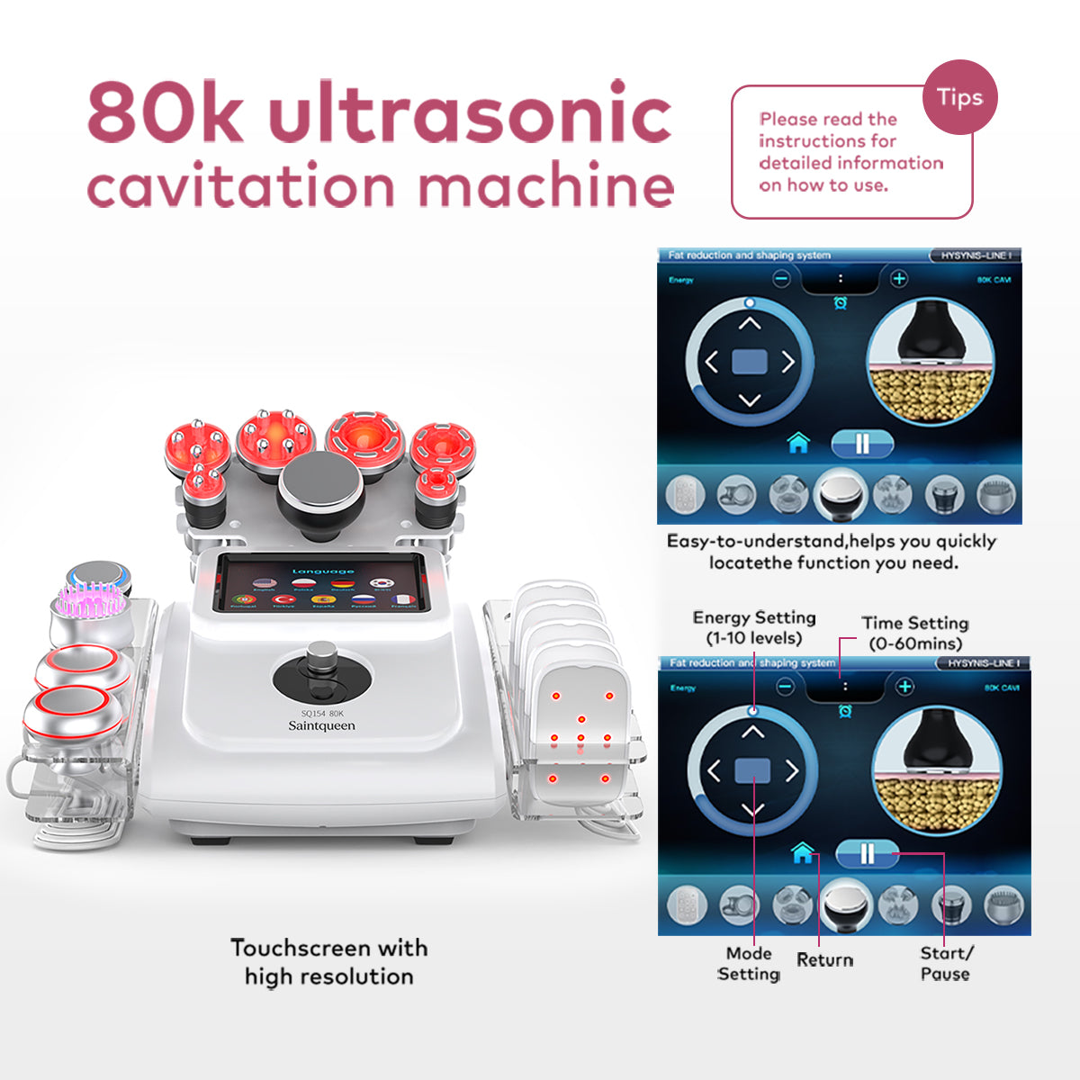 Mesin Kavitasi Ultrasonik 80K & RF SQ154A Max 11-dalam-1 dengan Pad Laser