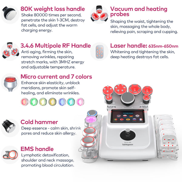Mesin Kavitasi Ultrasonik 80K & RF SQ154B Max 11-dalam-1 dengan Pad Laser + Mikroarus