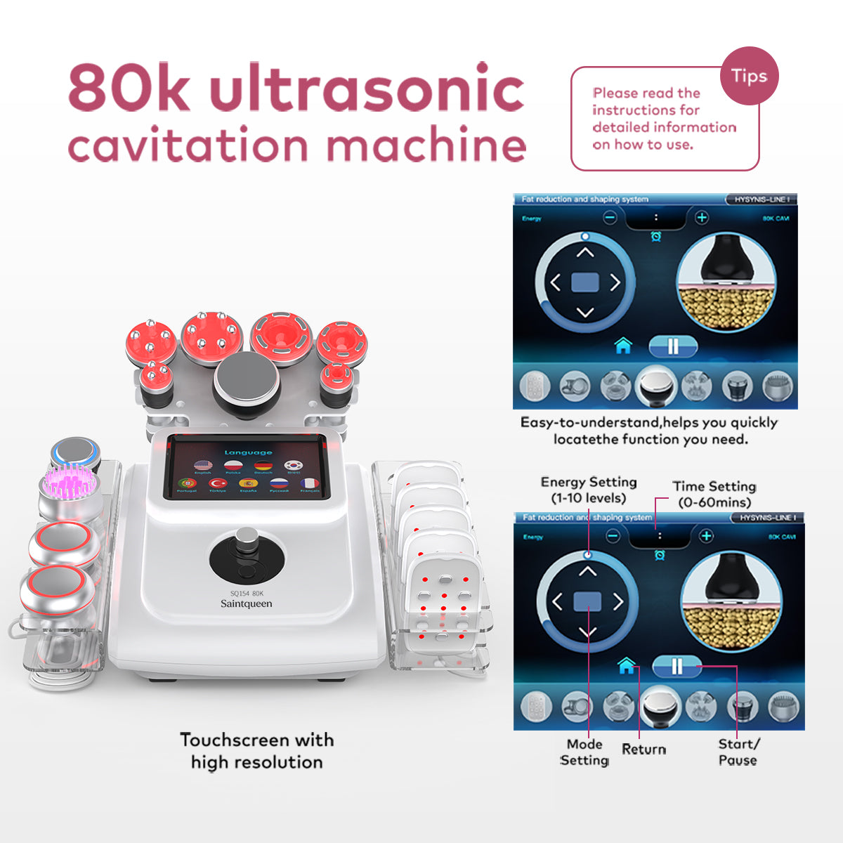 Mesin Kavitasi Ultrasonik 80K & RF SQ154B Max 11-dalam-1 dengan Pad Laser + Mikroarus