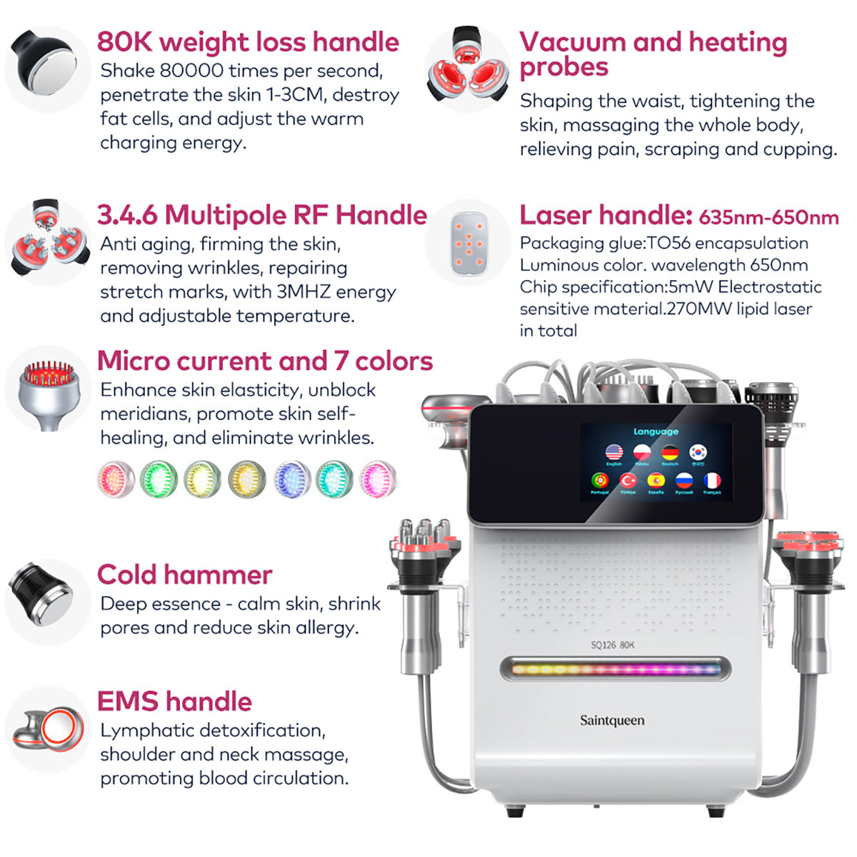 Mesin Kavitasi Ultrasonik 80K & RF SQ126A Max 11-dalam-1 dengan Pad Laser