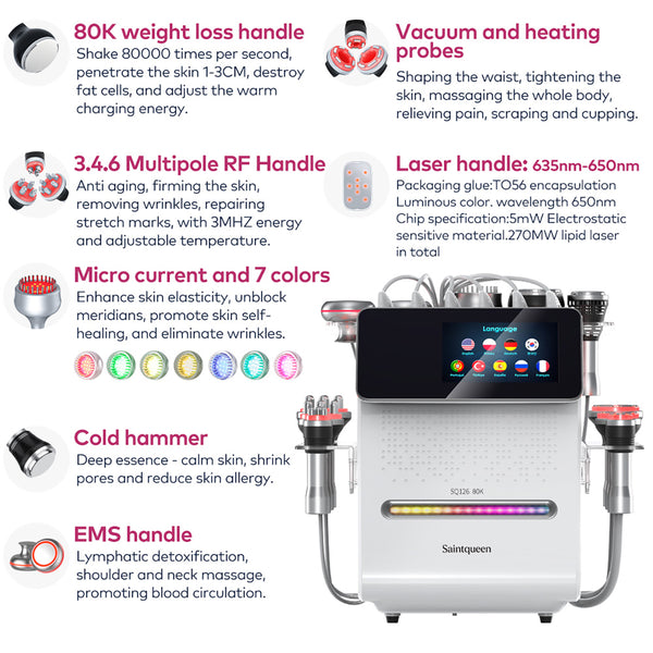 Mesin Kavitasi Ultrasonik 80K & RF SQ126A Max 11-dalam-1 dengan Pad Laser