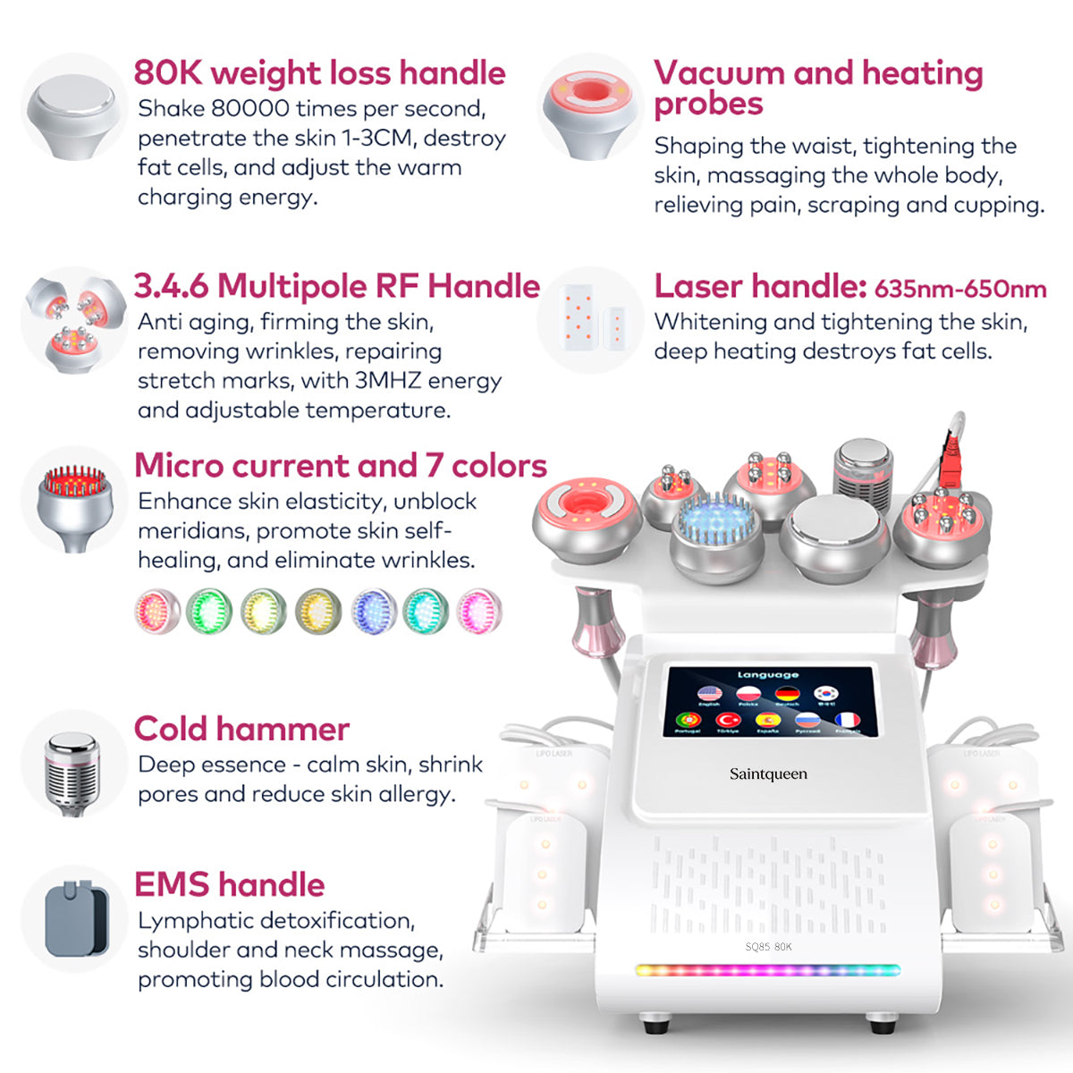 Mesin Kavitasi Ultrasonik 80K & RF SQ85D Plus 9-dalam-1 dengan Pad Laser