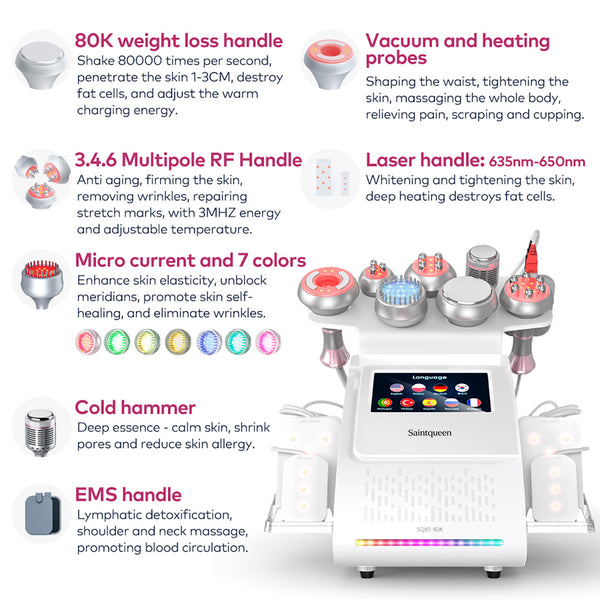 Mesin Kavitasi Ultrasonik 80K & RF SQ85D Plus 9-dalam-1 dengan Pad Laser