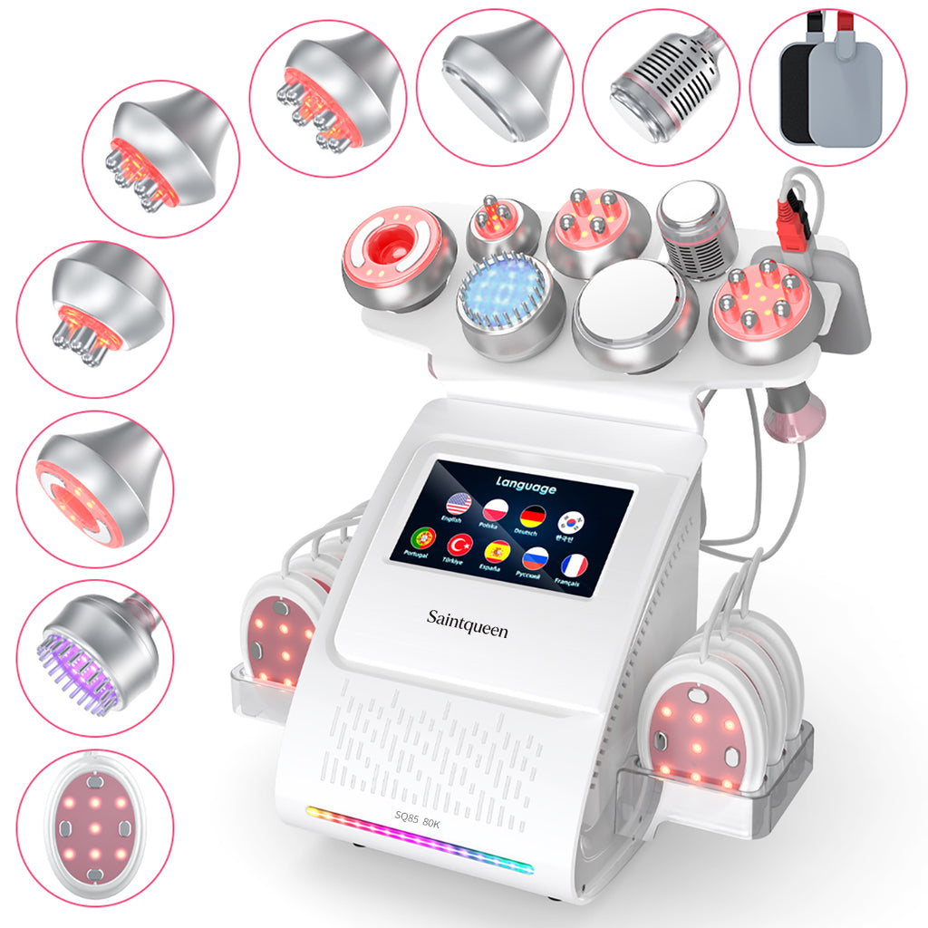 Mesin Kavitasi Ultrasonik 80K & RF SQ85E Plus 9-dalam-1 dengan Pad Laser + Mikroarus
