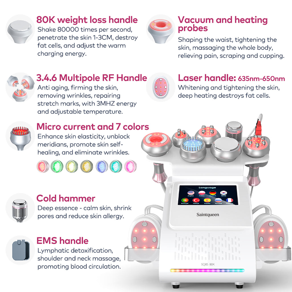 Mesin Kavitasi Ultrasonik 80K & RF SQ85E Plus 9-dalam-1 dengan Pad Laser + Mikroarus