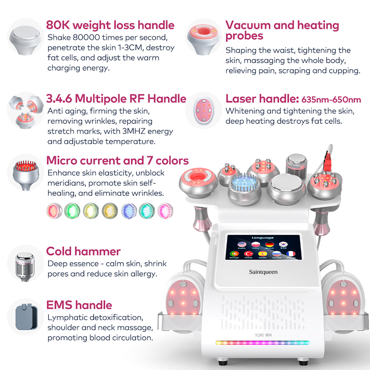 Mesin Kavitasi Ultrasonik 80K & RF SQ85E Plus 9-dalam-1 dengan Pad Laser + Mikroarus