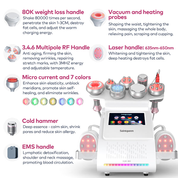 Mesin Kavitasi Ultrasonik 80K & RF SQ85E Plus 9-dalam-1 dengan Pad Laser + Mikroarus