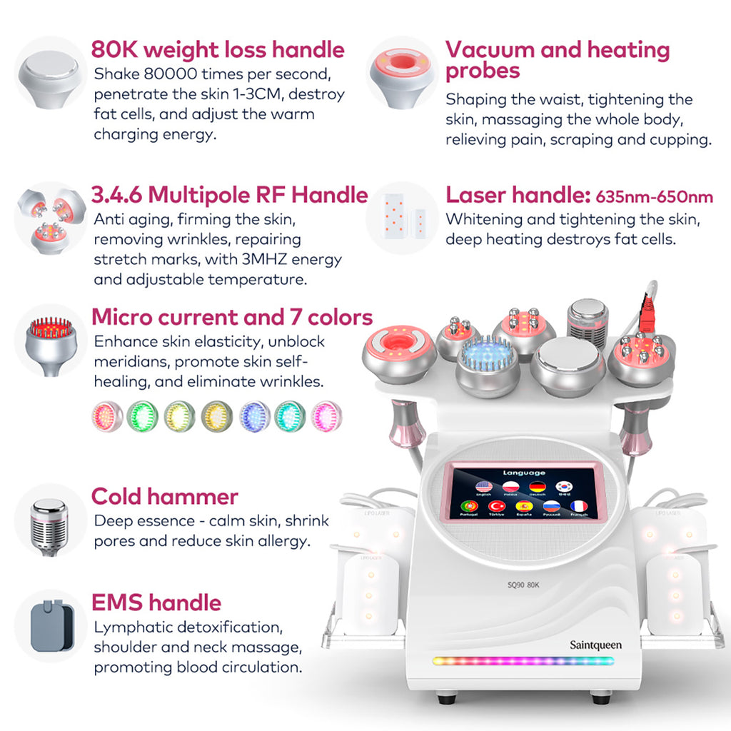 Mesin Kavitasi Ultrasonik 80K & RF SQ90D Plus 9-dalam-1 dengan Pad Laser