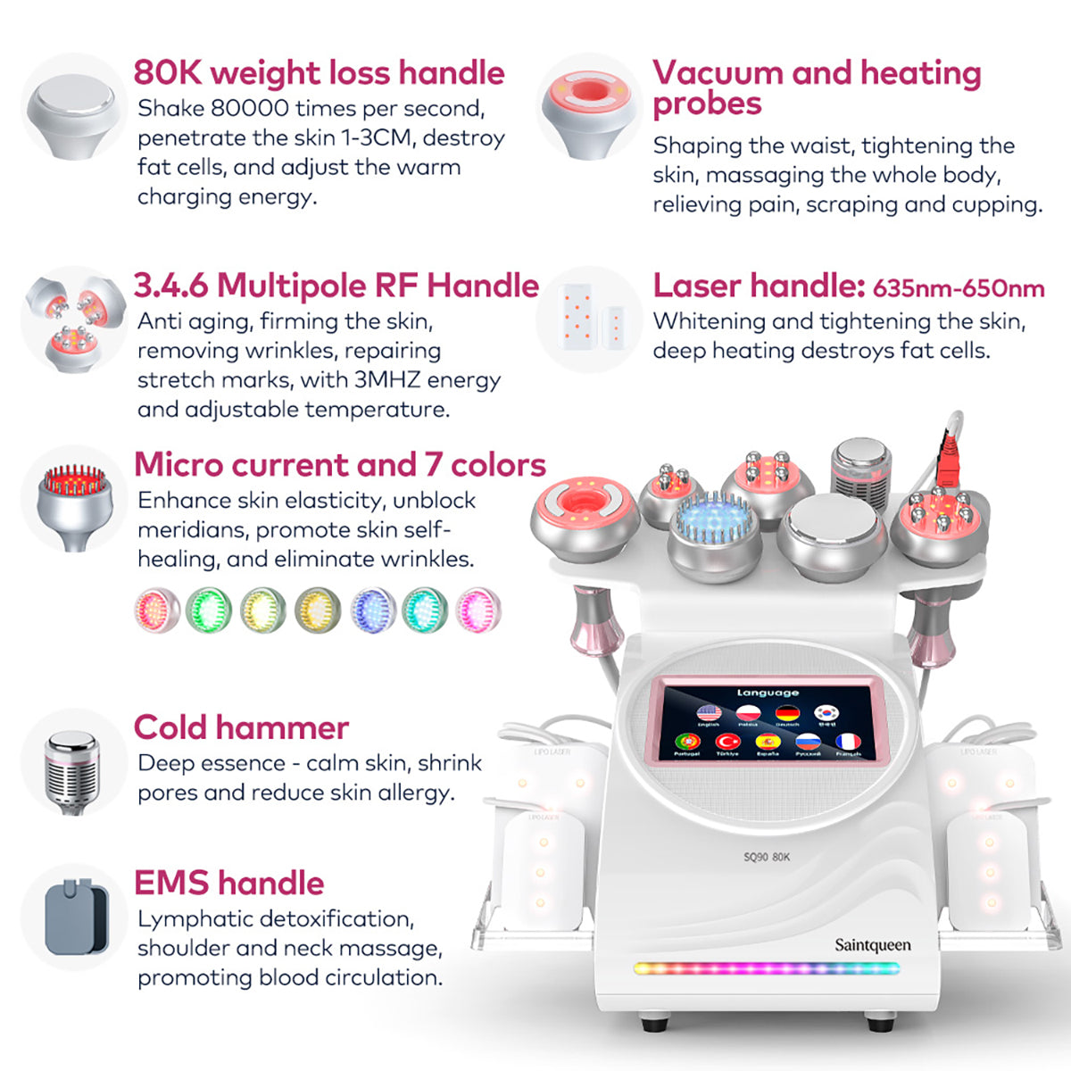 Mesin Kavitasi Ultrasonik 80K & RF SQ90D Plus 9-dalam-1 dengan Pad Laser