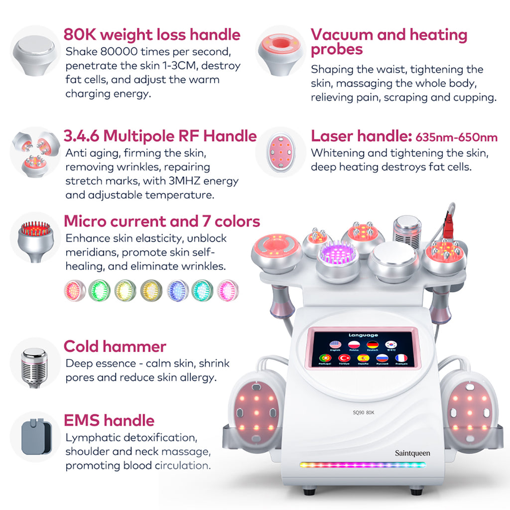 Mesin Kavitasi Ultrasonik 80K & RF SQ90E Plus 9-dalam-1 dengan Pad Laser + Mikroarus