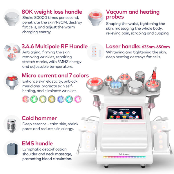 Mesin Kavitasi Ultrasonik 80K & RF SQ92D Plus 9-dalam-1 dengan Pad Laser