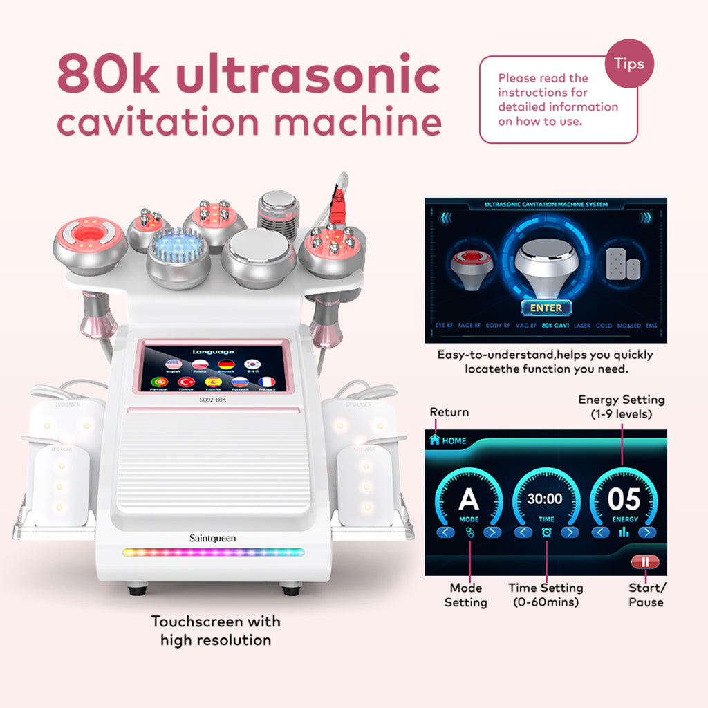 Mesin Kavitasi Ultrasonik 80K & RF SQ92D Plus 9-dalam-1 dengan Pad Laser