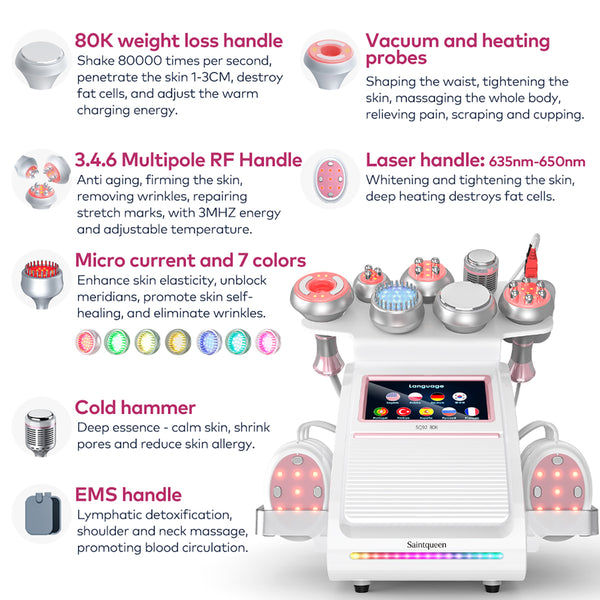 Mesin Kavitasi Ultrasonik 80K & RF SQ92E Plus 9-dalam-1 dengan Pad Laser + Mikroarus