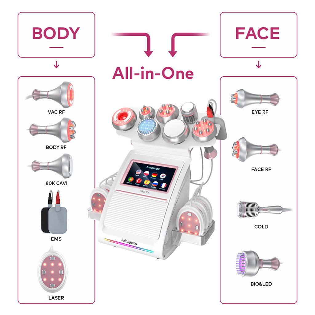 Mesin Kavitasi Ultrasonik 80K & RF SQ92E Plus 9-dalam-1 dengan Pad Laser + Mikroarus