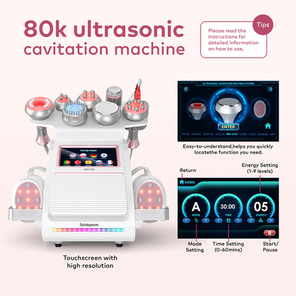 Mesin Kavitasi Ultrasonik 80K & RF SQ92E Plus 9-dalam-1 dengan Pad Laser + Mikroarus