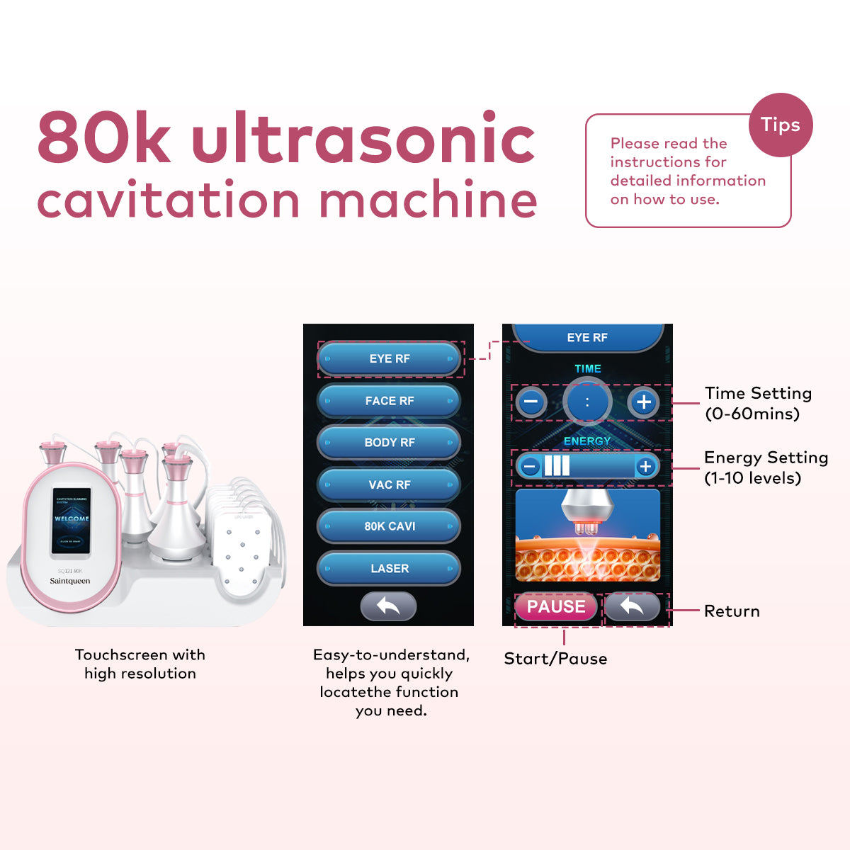 Mesin Kavitasi 80K, RF, Vakum RF & Pad Laser SQ121A Pro 6-dalam-1