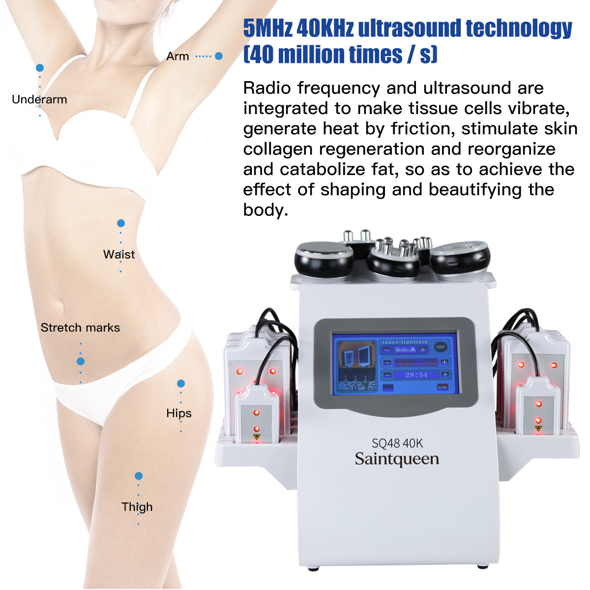 Mesin Kavitasi Ultrasonik 40K & RF SQ48 Pro 6-dalam-1 dengan Pad Laser