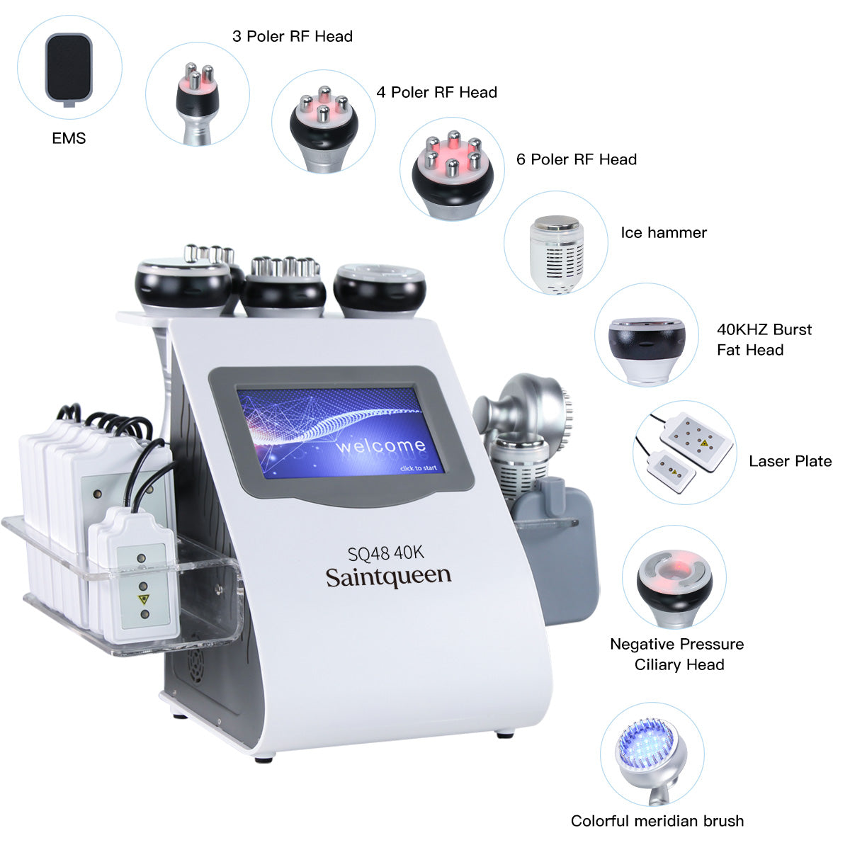 Mesin Kavitasi Ultrasonik 40K & RF SQ48 Plus 9-dalam-1 dengan Pad Laser
